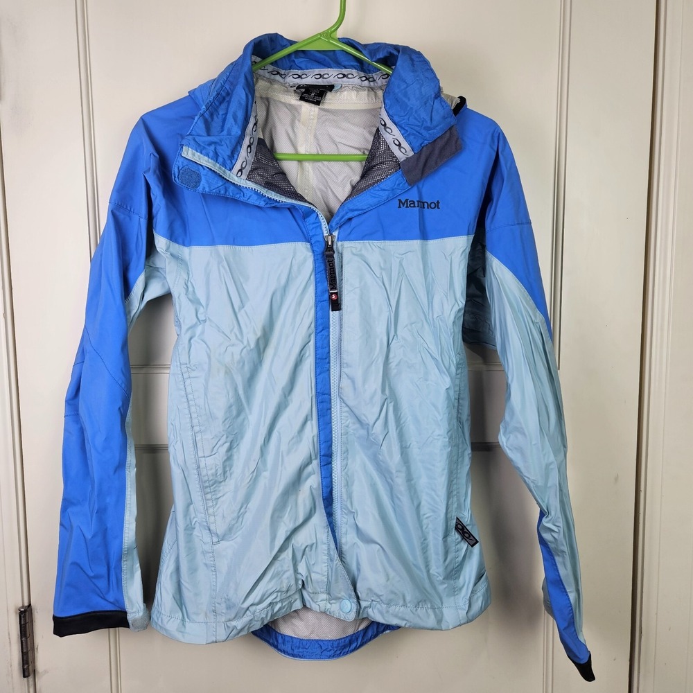 Marmot Precip Rain Jacket Womens M Blue Windbreaker FullZip Hooded Lightweight